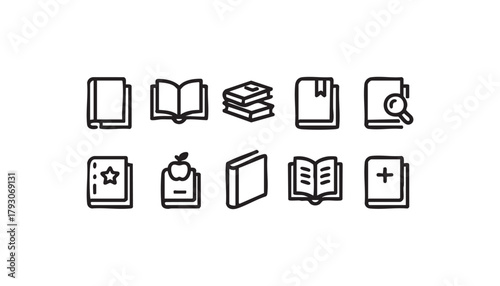 Books icon set — outline vector pack, closed, open, stack, bookmark, search, favorite, textbook, notebook, medical, education symbols
