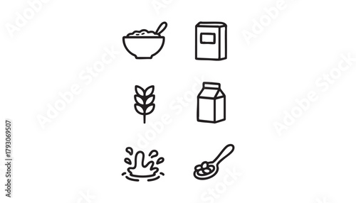 Breakfast cereal outline icons set, bowl with spoon, cereal box, wheat ear, milk carton, splash, minimal black line vector for web, app, packaging