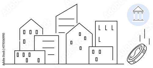 City buildings with a coin and bank symbol emphasizing finance, investment, and economic development. Ideal for banking, real estate, urban planning, wealth, investment economy growth. Simple flat