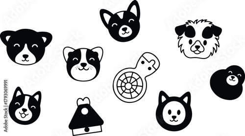 Black and white cartoon animals faces with a bell and clock