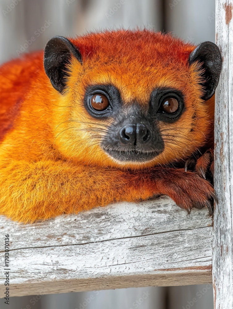 Obraz premium Close-up of a golden-crowned sifaka lemur with brown eyes on aged wood