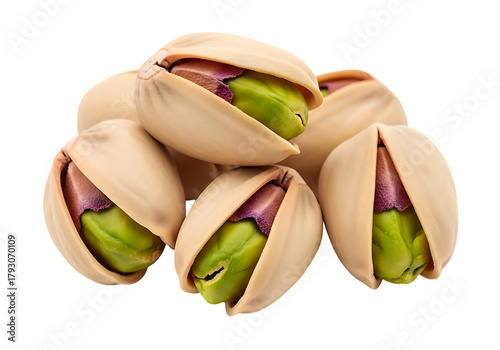 Pile of unshelled pistachios with vibrant green nuts showing through the shells isolated on transparent background