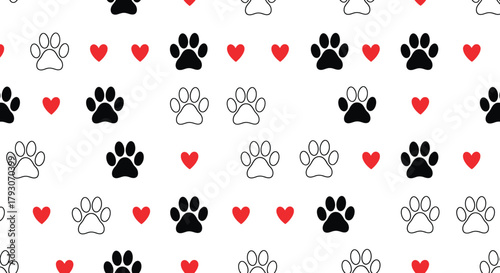 Paw Prints and Hearts Seamless Pattern Black and Outline Pet Footprints on White