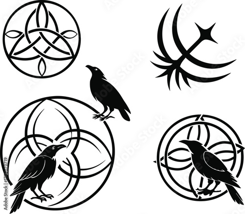 Raven birds and ancient spiritual celtic designs. Vector