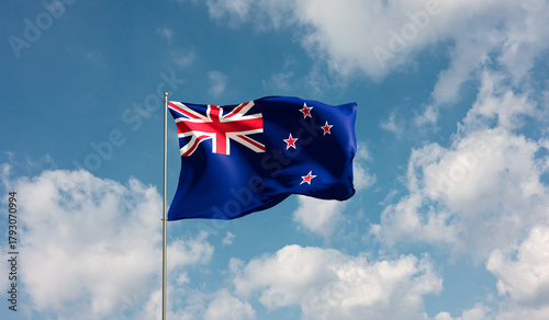 Flag New Zealand against cloudy sky. Country, nation, union, banner, government, culture of New Zealand, politics, tourism. 3D illustration
