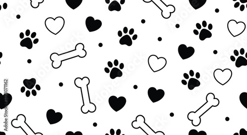 Pet Pattern Seamless Design with Bones, Paws, Hearts on White Background