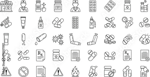 Pharmaceutical Line Icons Set, Medical Pills and Capsules Outlines on Transparent Background