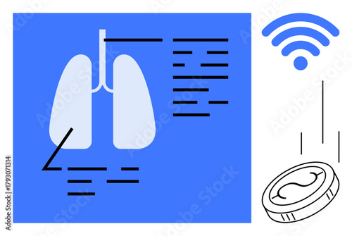 Lungs diagram with labels and wireless connection symbol, coin design. Ideal for medical tech, health data, IoT healthcare, diagnostics, remote monitoring, innovation, simple flat metaphor