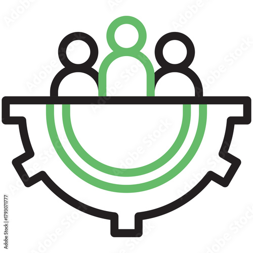 Teamwork synergy in action: a cohesive unit of individuals stands united, symbolizing the power of collaboration and interconnectedness within a gear, showcasing the driving force of industry. 