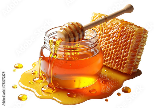 Golden honey dripping from a wooden dipper into a glass jar with honeycomb isolated on transparent background