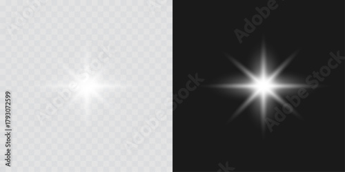 Shining silver star with radiant white glow and sparkling flare effect. Elegant glowing starlight vector perfect for Christmas decorations, festive artwork, and luminous digital light overlay designs.