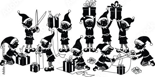 Black and White Festive Elves Wrapping Gifts for a Happy Holiday Season