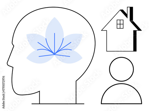 Human head profile with a flower motif symbolizing mindfulness, house outline, and person silhouette. Ideal for concepts thumbs up mental health, home life, self-awareness, simplicity, well-being