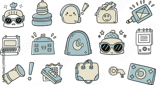 Playful Doodle Icons Set, Whimsical Stickers Collection, Cute Objects with Outline Style