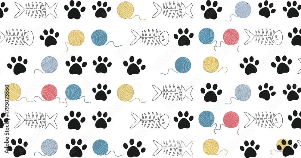 Fototapeta premium Playful Pattern with Cat Paw Prints, Yarn Balls, and Fish Bones on White Backdrop