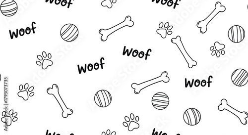 Playful Pet Seamless Pattern Bones, Paw Prints, Balls and Woof on White Backdrop