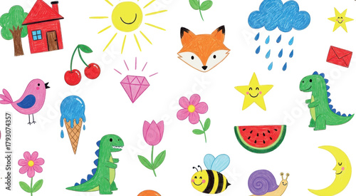 Cute cartoon drawing of various elements like a house, sun, fox, cloud, rain, stars, envelope, bird, ice cream, diamond, flowers, watermelon, bee, snail, moon, and dinosaurs