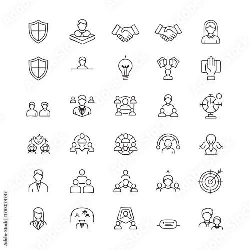 People and leadership icons set — outline vector pack, handshake, shield, user, team, manager, idea, target, org chart, minimal black line symbols