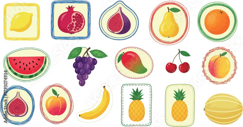 A vibrant collection of assorted fruits, including pomegranate, fig, pear, orange, watermelon, grapes, mango, cherries, peaches, apple, banana, pineapple, and melon, all isolated on a