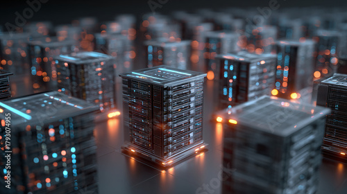 A cluster of futuristic servers glowing with orange lights, representing advanced technology and digital data storage. The image conveys a sense of innovation and cutting-edge processing capabilities