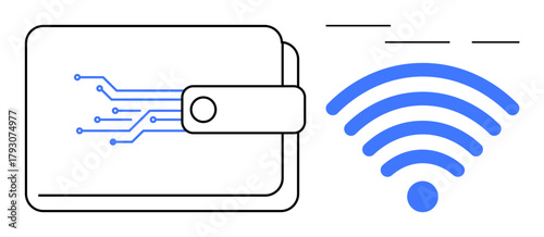 Wallet with circuit board design paired with a wireless signal icon suggests digital payment or connectivity. Ideal for tech innovation, mobile wallets, cashless transactions, digital security