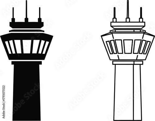 Aerodrome control tower silhouette aviation navigation and airfield infrastructure icon