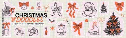 Christmas doodle elegant paper stickers set for scrapbook note design. Collage new year decor sticker kit with whimsical bow and ribbons on torn paper with cut out edges. Hand drawn winter elements.
