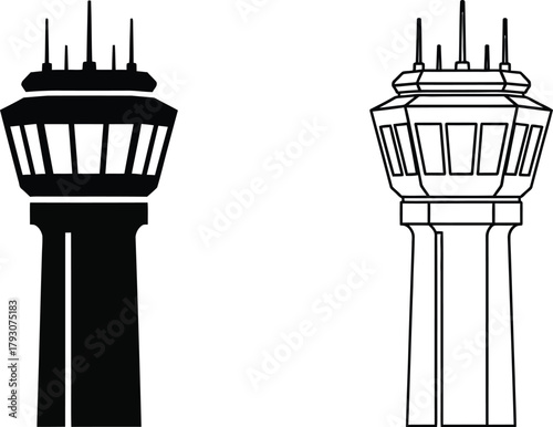 Aerodrome control tower silhouette aviation navigation and airfield infrastructure icon