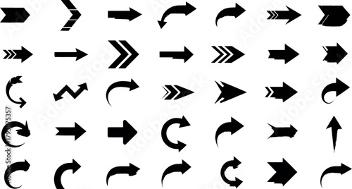 Collection of diverse black arrow icons pointing in various directions