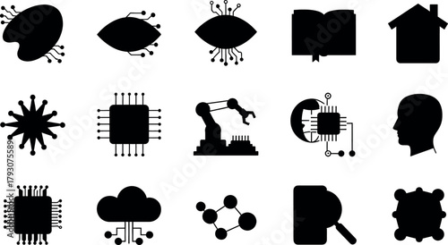 Collection of technology and science icons including a microchip, robot arm, cloud, human head, and abstract shapes