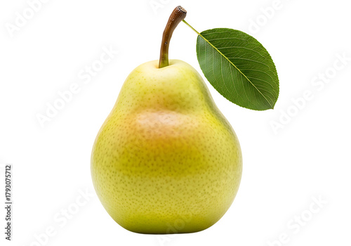 A single ripe yellow pear with a green leaf and stem isolated on transparent background