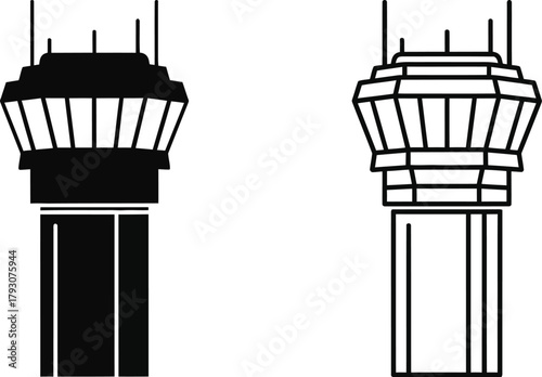 Aerodrome control tower silhouette aviation navigation and airfield infrastructure icon