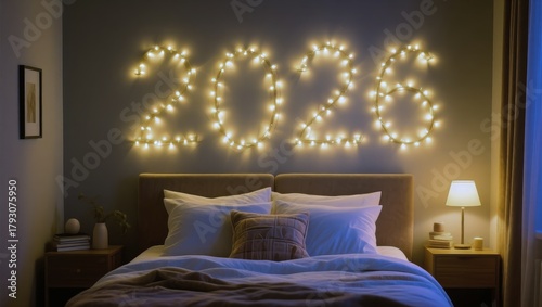 Bed with lights on the wall that spell out the year 2026