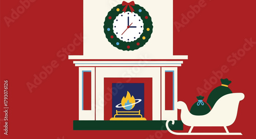 Fireplace with Christmas tree, sleigh gifts decorations. Christmas sleigh and festive decoration cozy winter holiday home interior illustration. Christmas greeting card design. 