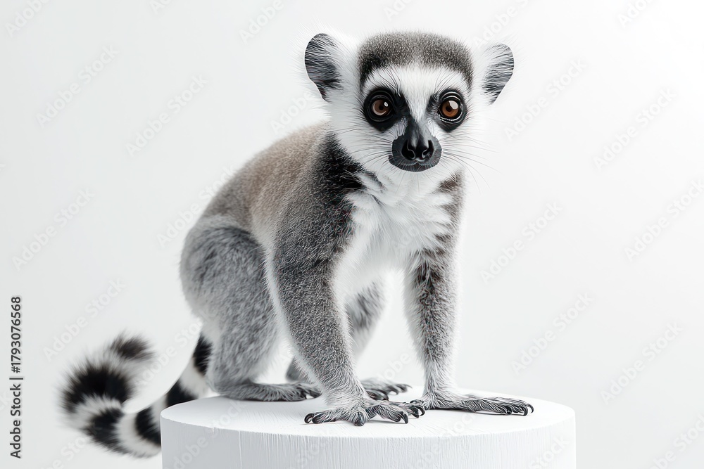 Obraz premium Ring-tailed lemur with distinctive black & white tail, on a white platform