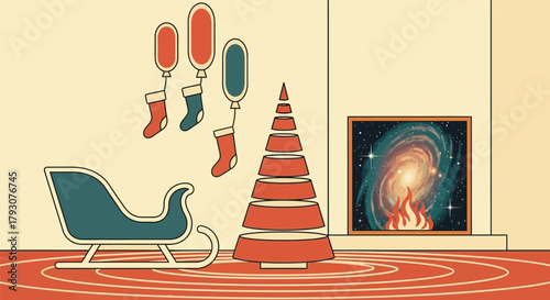 Fireplace with Christmas tree, sleigh gifts decorations. Christmas sleigh and festive decoration cozy winter holiday home interior illustration. Christmas greeting card design. 