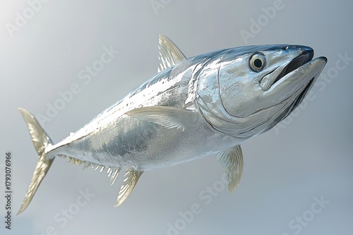Silver-scaled fish with pointy fins in mid-air against a soft, blurry background