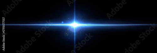 Bright blue light flare radiating horizontally and vertically on black