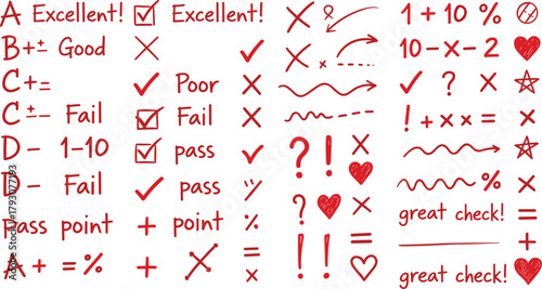 Handwritten grading symbols, teacher feedback marks, letter grades, checkmarks, crosses, stars, hearts, math annotations, classroom assessment icons, education rubric elements