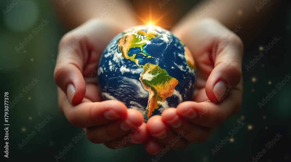 Fototapeta premium A small, glowing planet Earth held gently in cupped hands 