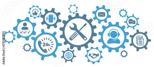 gears, cogwheels, service, support, communication, technology, business, connection, teamwork, collaboration, network, digital, online, help, assistance, customer service, call center, wrench, screwdr