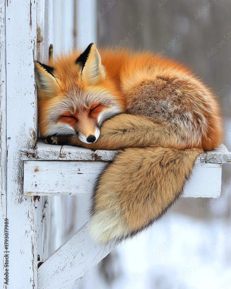 Obraz premium Sleeping fox curled on weathered, white wooden structure