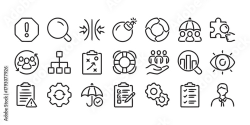 business, strategy, planning, icons, set, teamwork, collaboration, risk, management, solution, problem, bomb, lifebuoy, umbrella, puzzle, flowchart, checklist, gears, eye, alert, warning, outline, sym