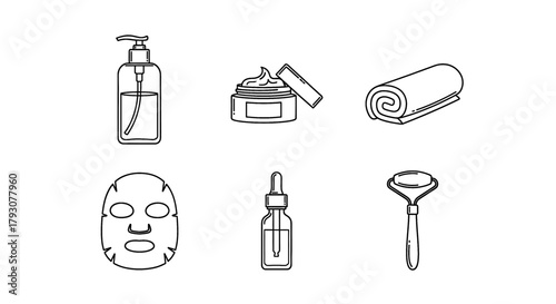 Collection of elegant line art icons for skincare routine, featuring serum, moisturizer, and facial roller.