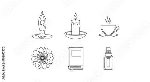 Serene collection of icons representing relaxation, wellness, and self-care.