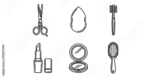 Essential beauty tools for makeup and hair care, neatly arranged for a clean aesthetic.