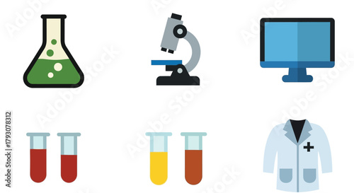Science equipment icons flasks microscope computer and lab coat displayed