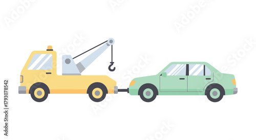 A yellow tow truck is assisting a light green vehicle on the road