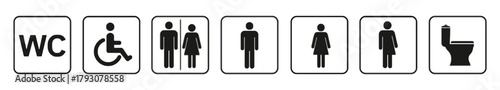 restroom, toilet, wc, bathroom, icon, symbol, accessibility, disabled, wheelchair, man, woman, male, female, unisex, public, sign, graphic, black and white, pictogram, information, facilities, lavator