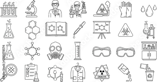 Science Outline Icons Set with Test Tubes, Molecules and Microscopes in Line Style